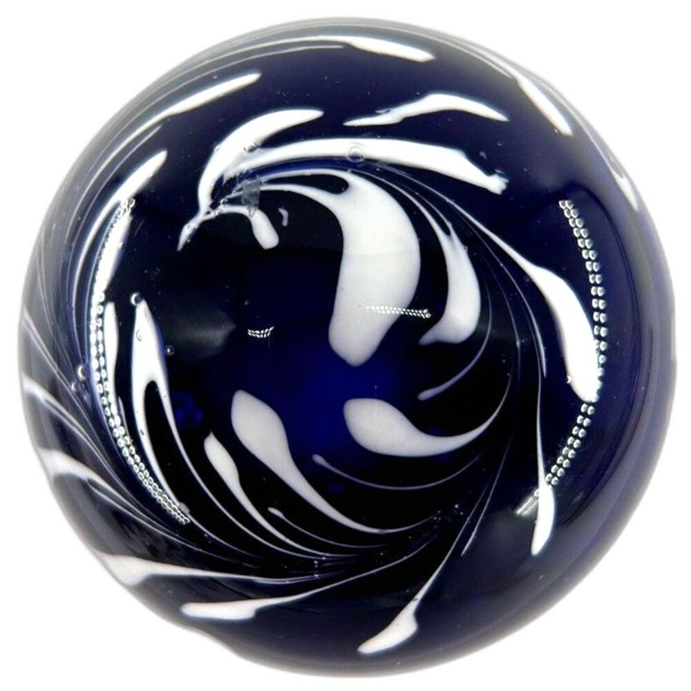 Handblown Round Glass Paperweight Cobalt Blue & White Feather Pattern